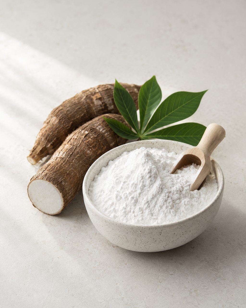 White tapioca starch with fresh cassava root and leaves — TQ Industry Starch